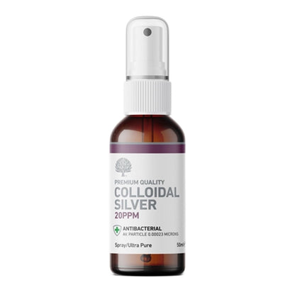 An amber glass spray bottle of Colloidal Silver 20 PPM 50ml