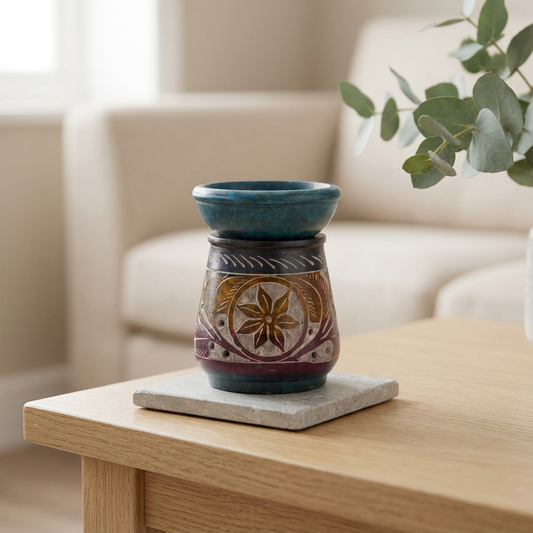 Oil burner in a softly lit, natural living-room setting