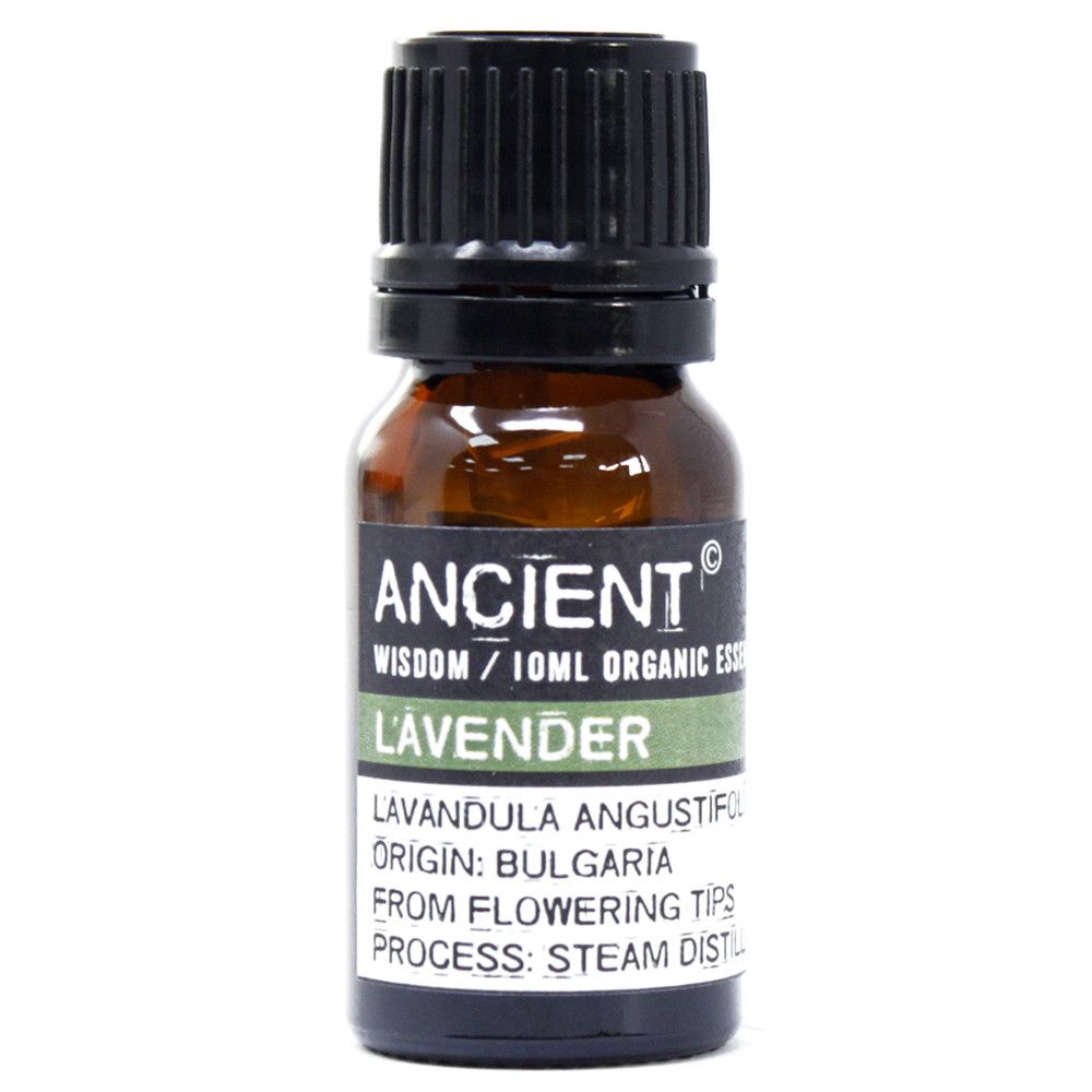 Bottle of Ancient Wisdom lavender organic essential oil on a white background