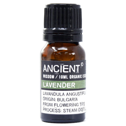 Bottle of Ancient Wisdom lavender organic essential oil on a white background