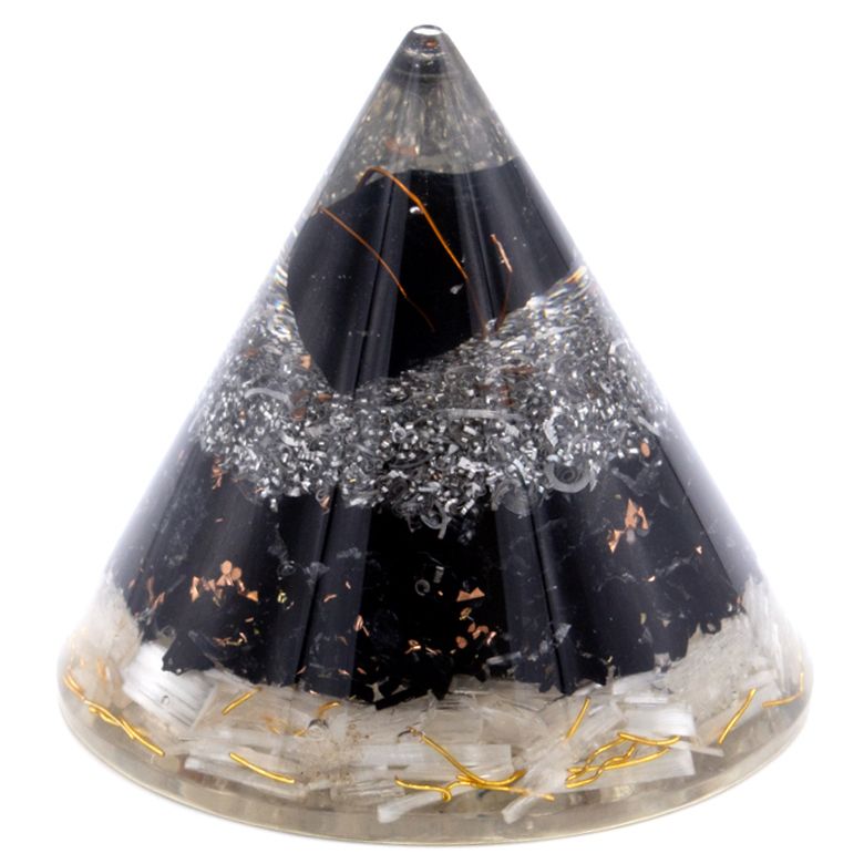 Orgonite cone with black tourmaline, selenite and copper