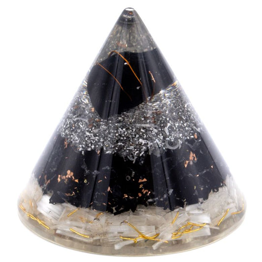 Orgonite cone with black tourmaline, selenite and copper