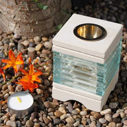 Ancient Wisdom Hand-Carved Square Sandstone & Glass Oil Burner