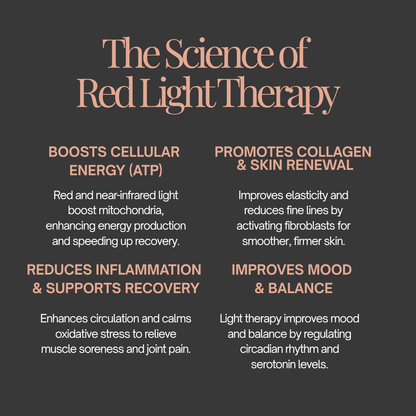 Text detailing the benefits of red light therapy on a dark background