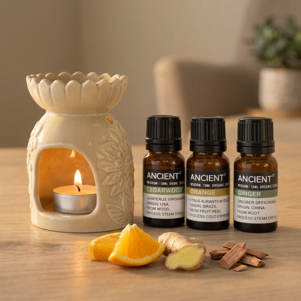 Spiced Orange set with a lit tea light and warmer styling