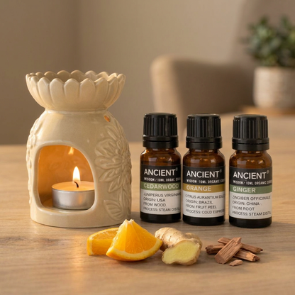 Spiced Orange set with a lit tea light and warmer styling