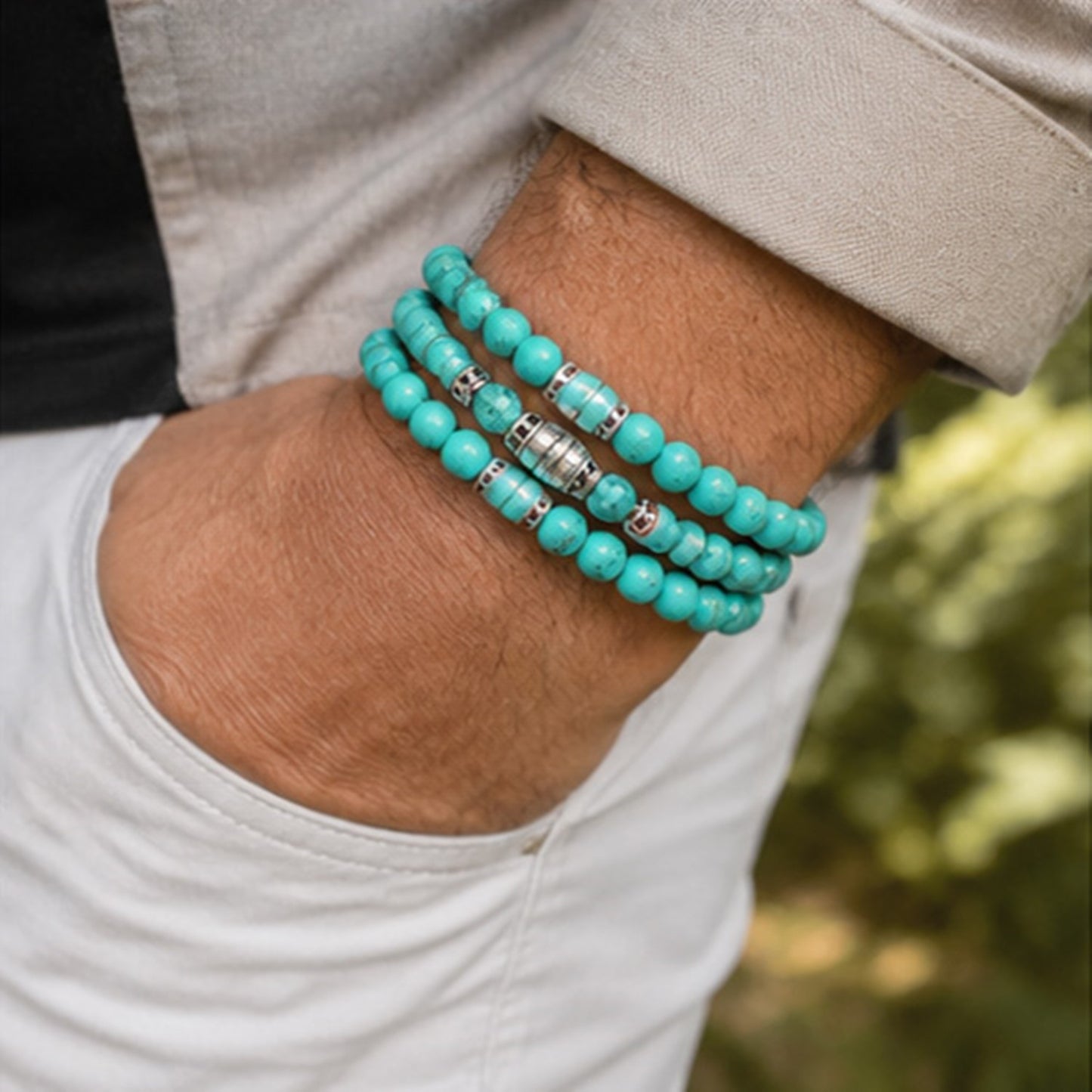 Zen-Z Green Turquoise Magnetic Bracelet stacked on wrist