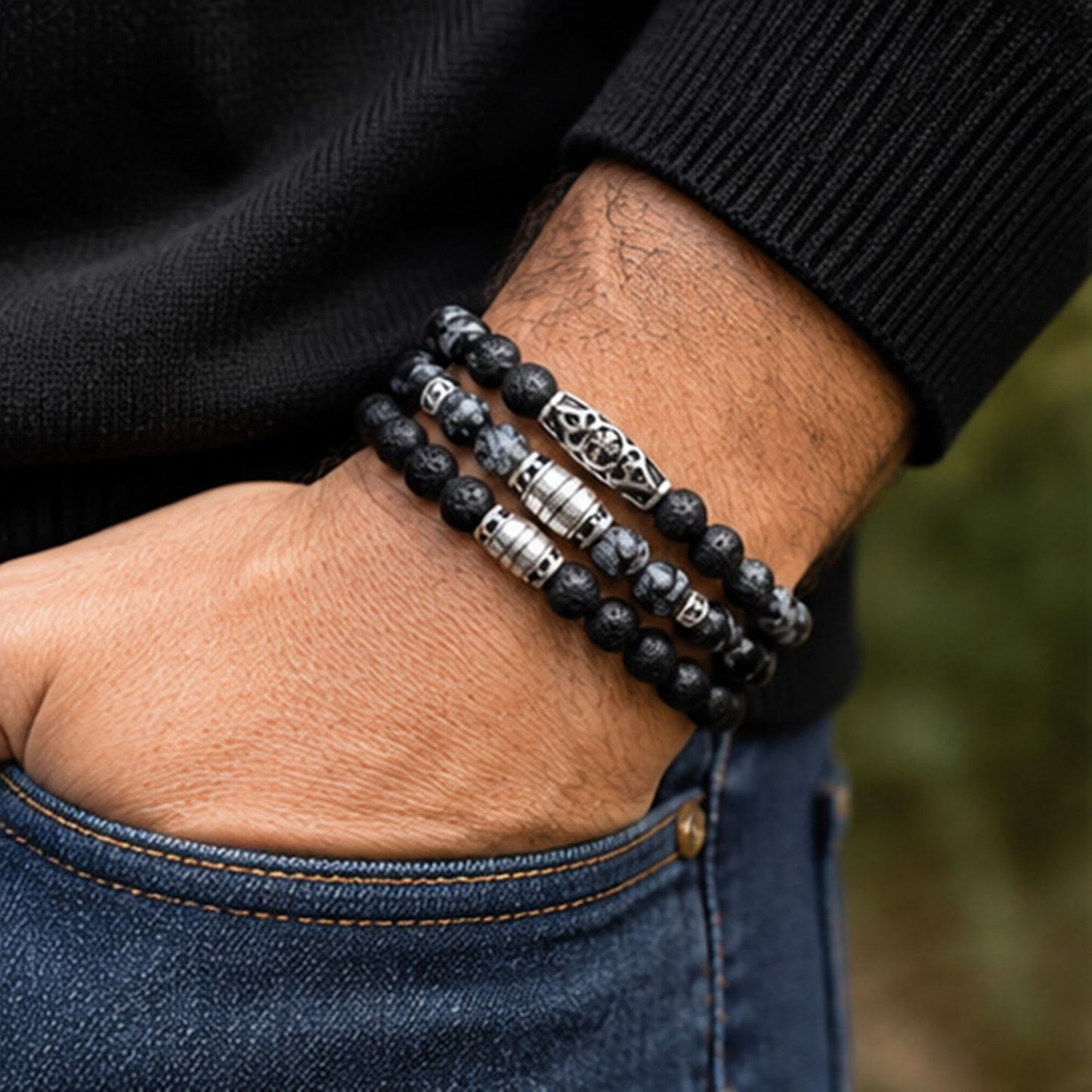 Zen-Z Lava Stone Magnetic Bracelet stacked on wrist