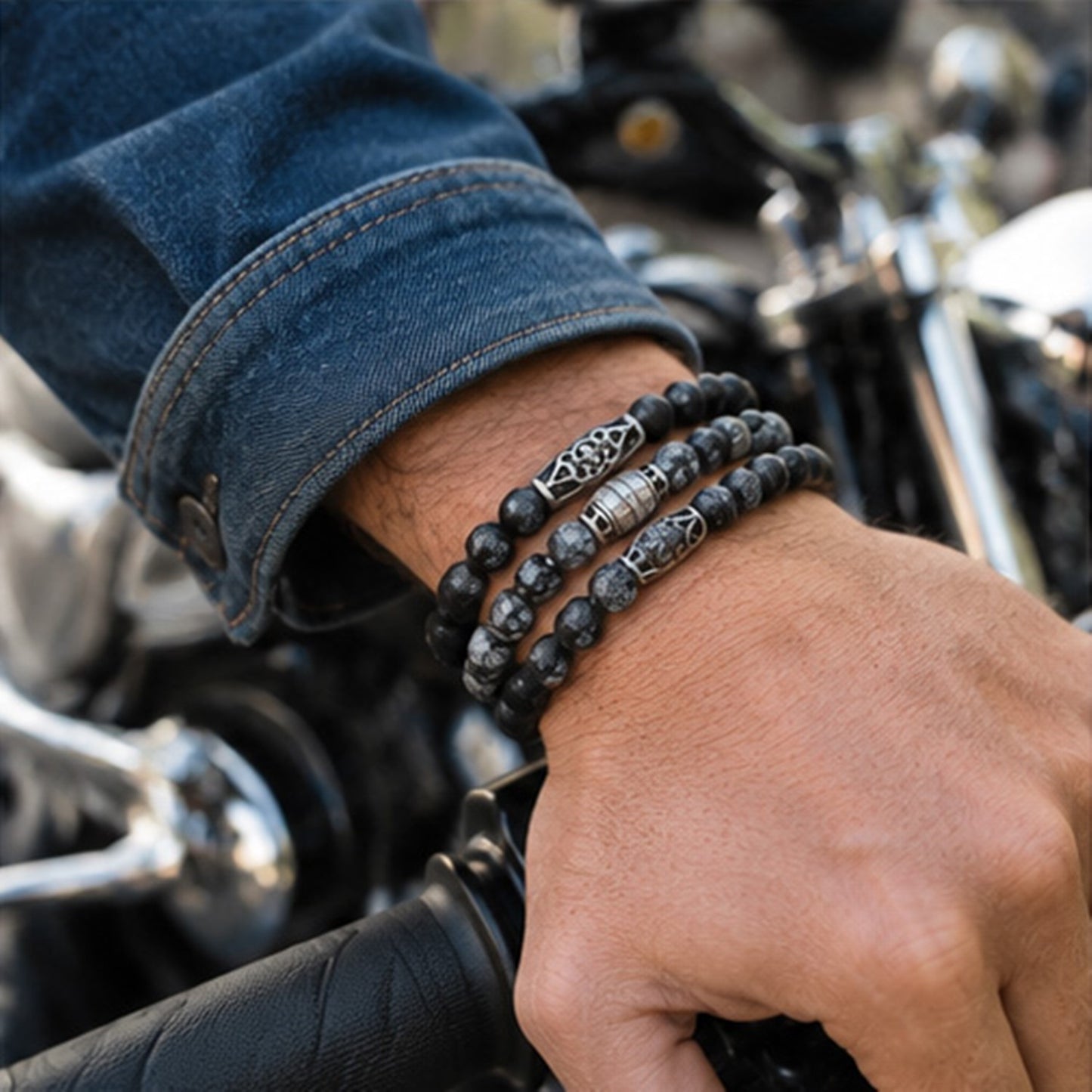 Zen-Z snowflake obsidian magnetic bracelets stacked on wrist