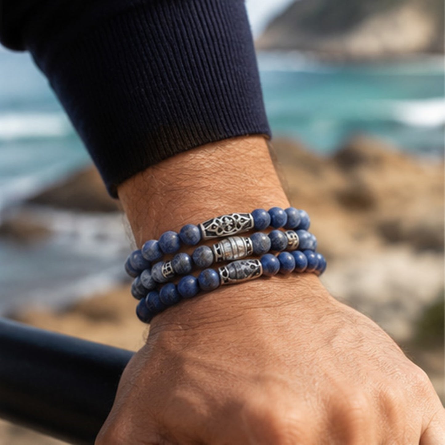 Zen-Z Sodalite Magnetic Bracelet stacked on wrist