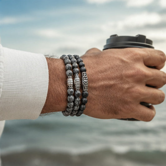 Zen-Z weathering agate magnetic bracelet stacked on wrist